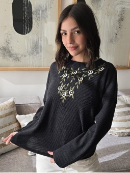 Remera Flowers Lanilla Negro